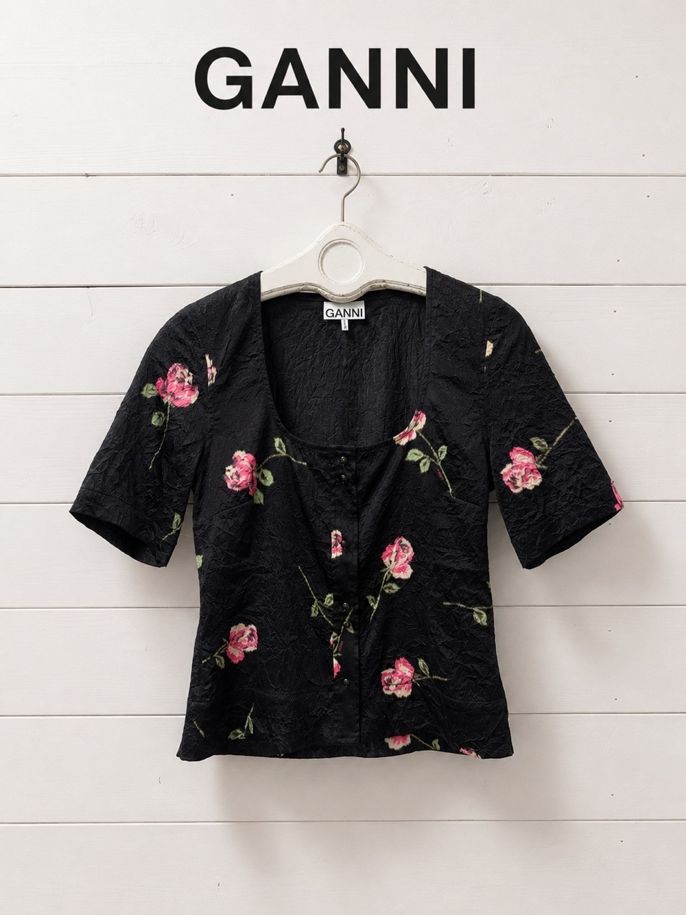 GANNI Floral Crinkled Satin Blouse – Black – Size 36